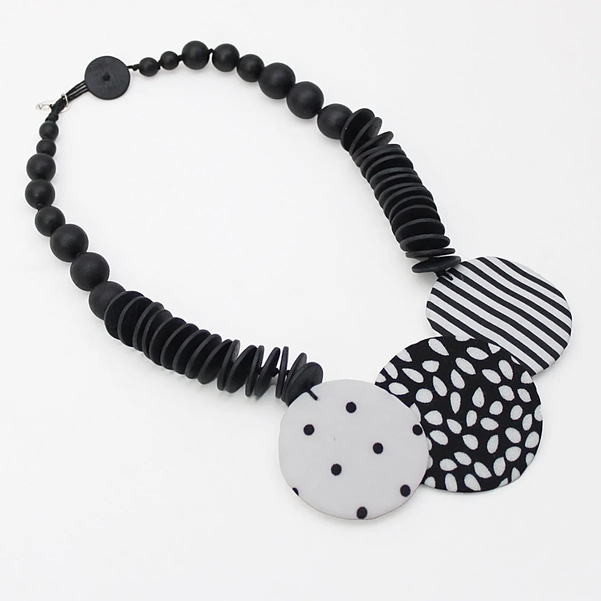 Black and White Fabric Disk Myra Pendant Necklace