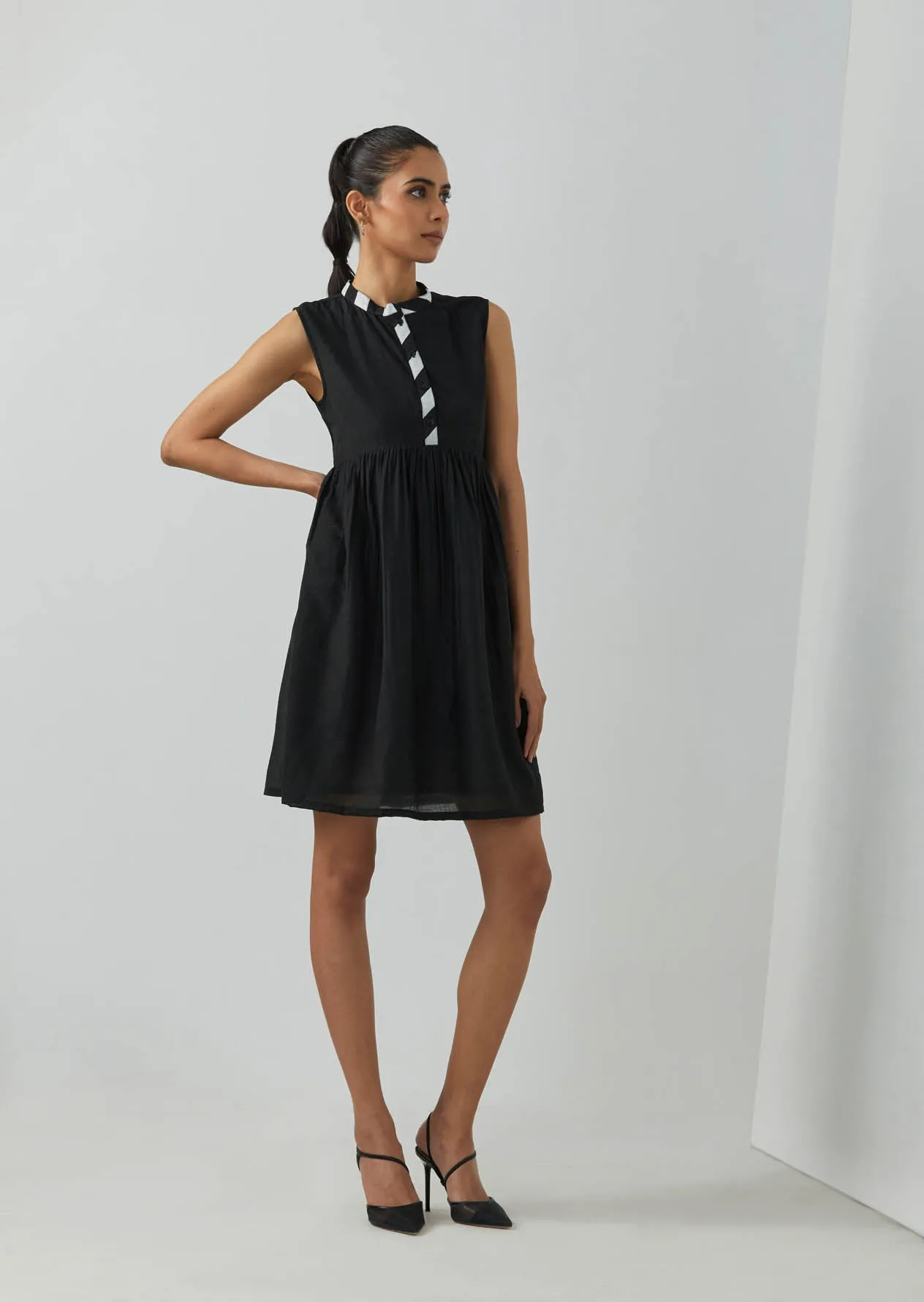 Black Chanderi Amore Placket Short Dress