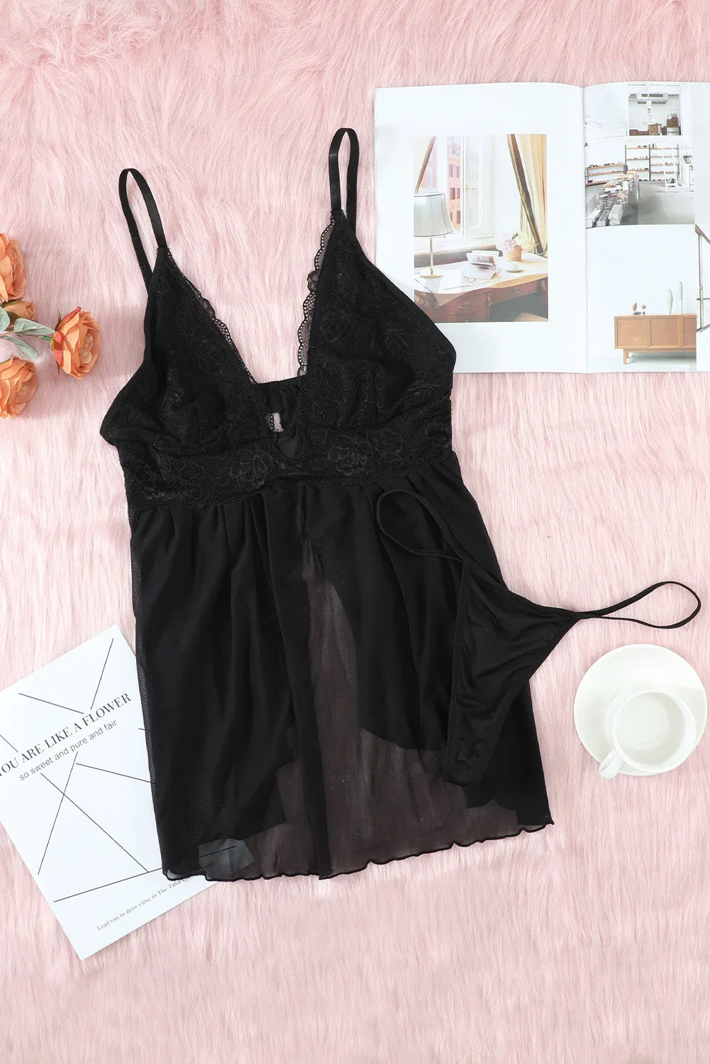 Black Lace Cups Tulle Babydoll Set