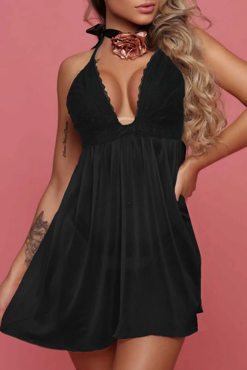 Black Lace Cups Tulle Babydoll Set