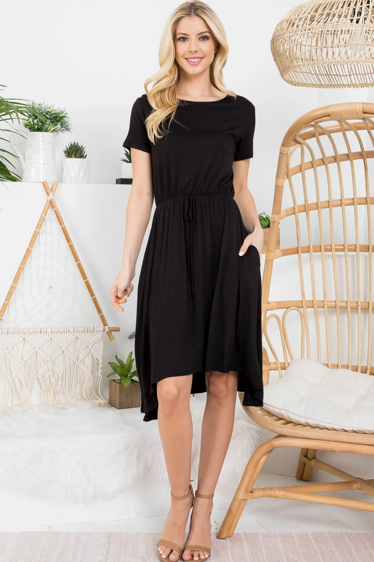 BLACK ROUND NECK DRAW STRING ASYMMETRICAL DRESS