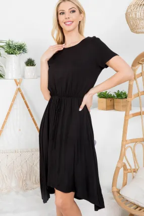 BLACK ROUND NECK DRAW STRING ASYMMETRICAL DRESS