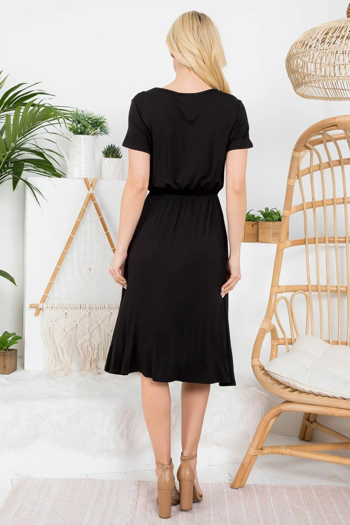 BLACK ROUND NECK DRAW STRING ASYMMETRICAL DRESS