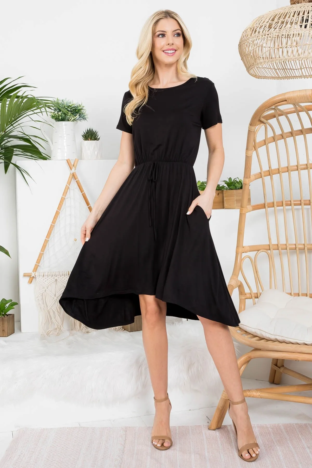 BLACK ROUND NECK DRAW STRING ASYMMETRICAL DRESS
