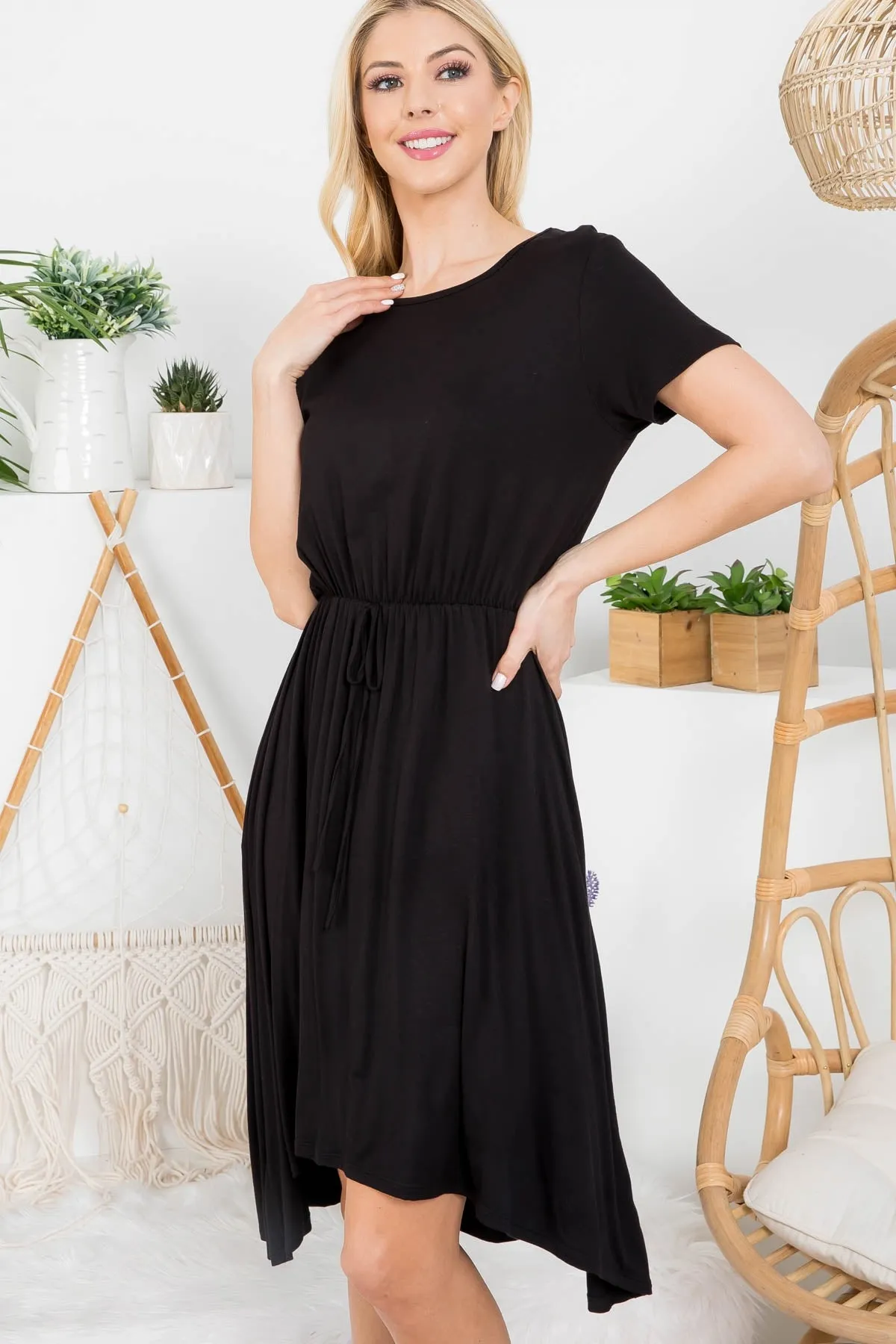 BLACK ROUND NECK DRAW STRING ASYMMETRICAL DRESS