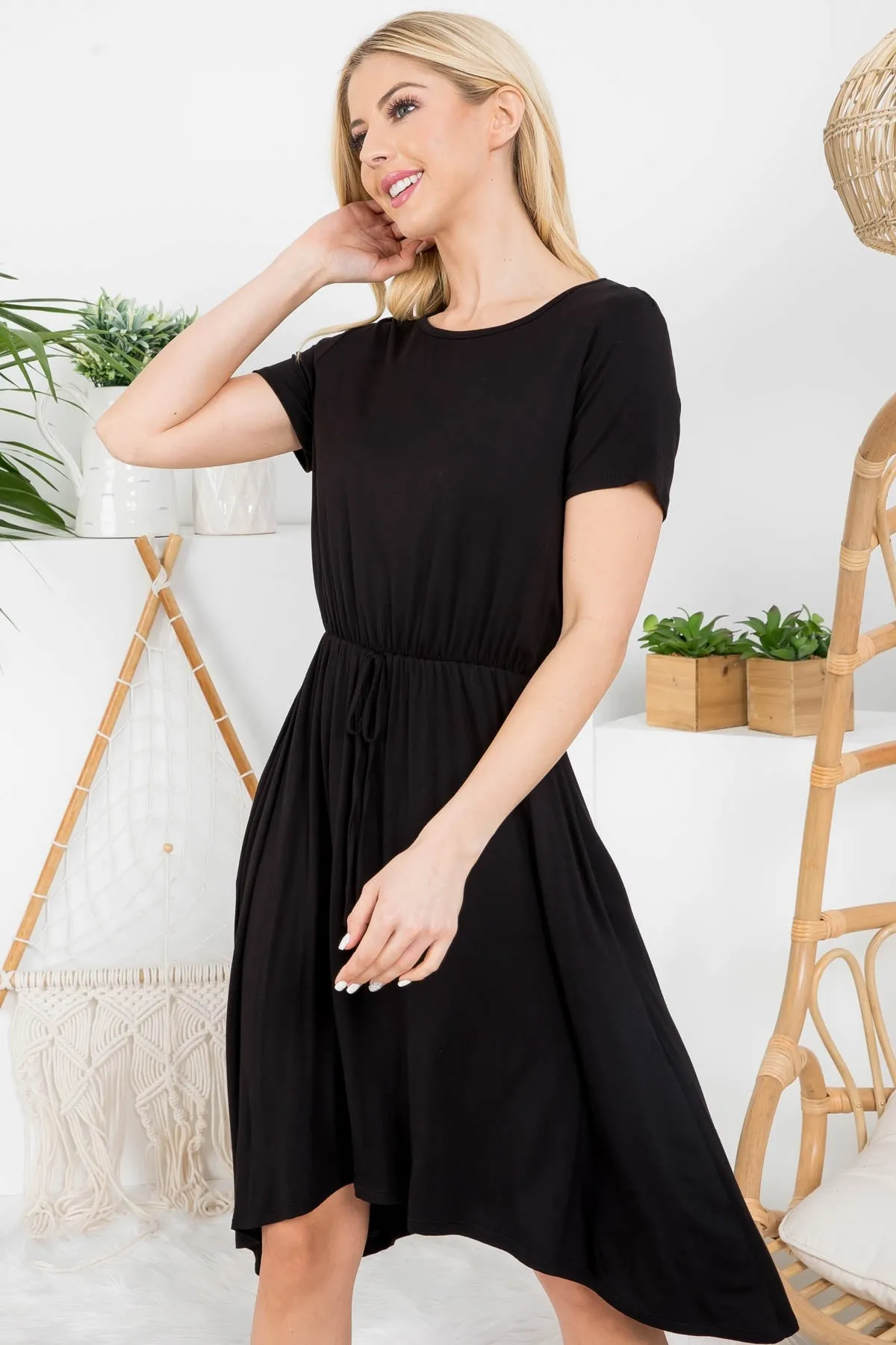 BLACK ROUND NECK DRAW STRING ASYMMETRICAL DRESS