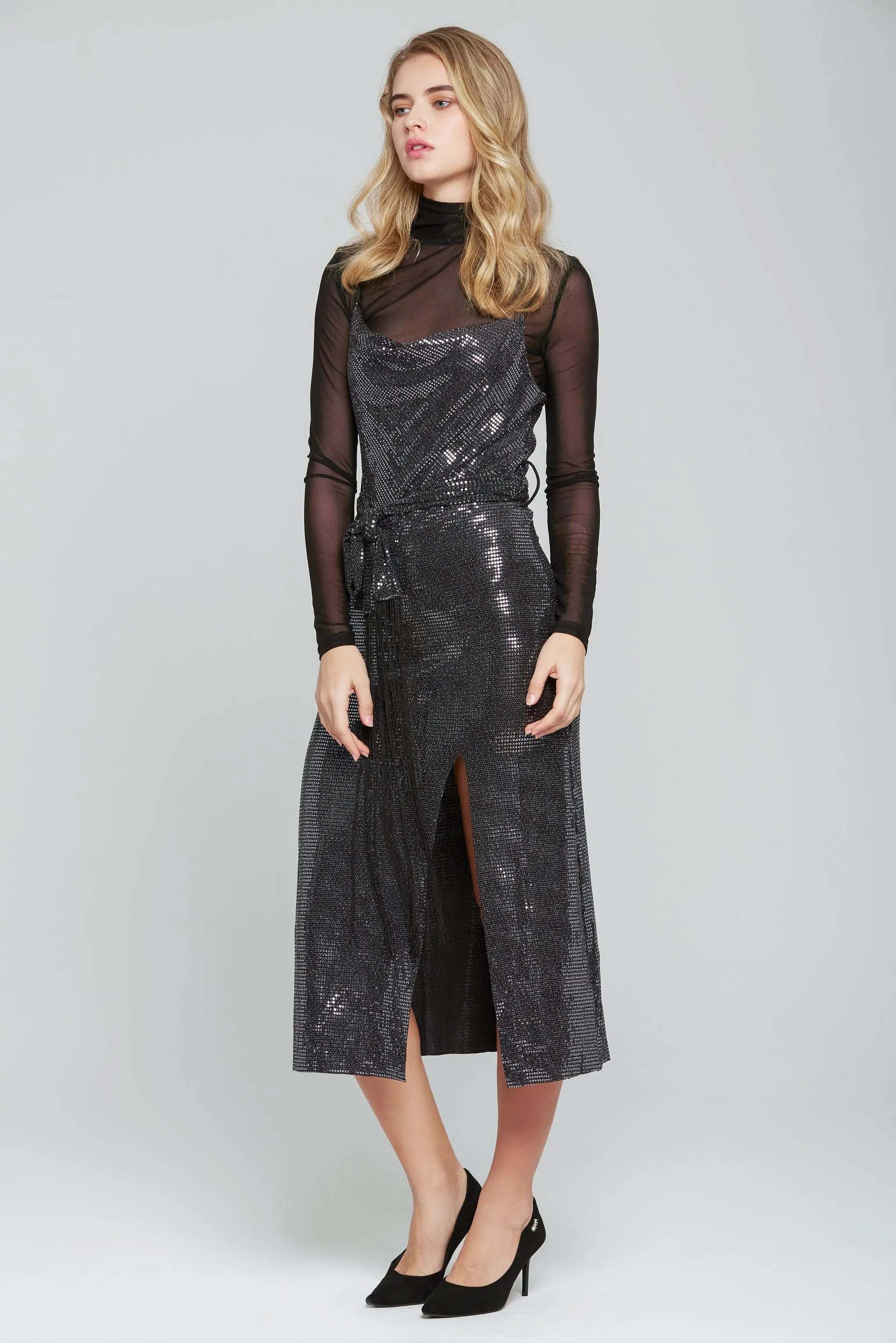 Black Shimmer Sheer Sleeves Sweetheart Ruffled Maxi Dress