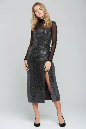 Black Shimmer Sheer Sleeves Sweetheart Ruffled Maxi Dress
