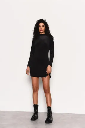 Black Velvet-Rib High-Neck Mini-Dress