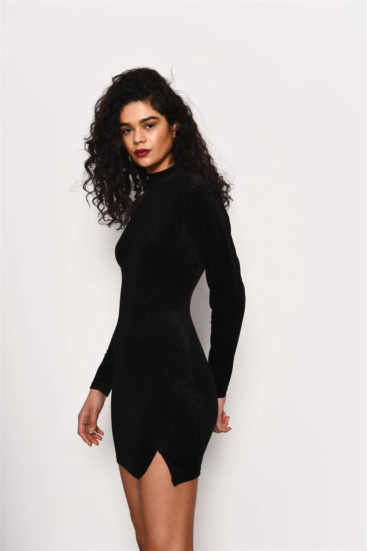 Black Velvet-Rib High-Neck Mini-Dress