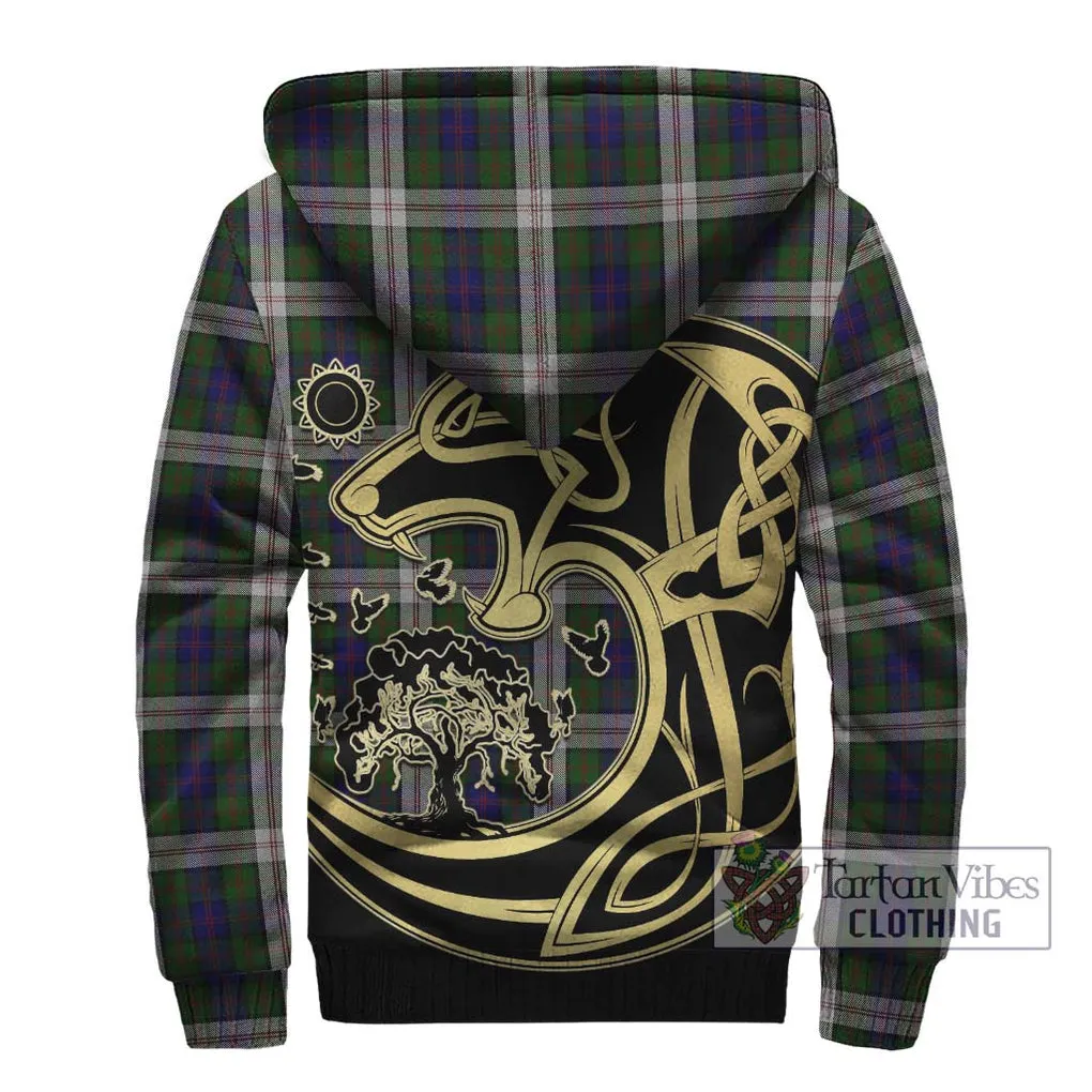 Blair Dress Tartan Sherpa Hoodie with Family Crest Celtic Wolf Style