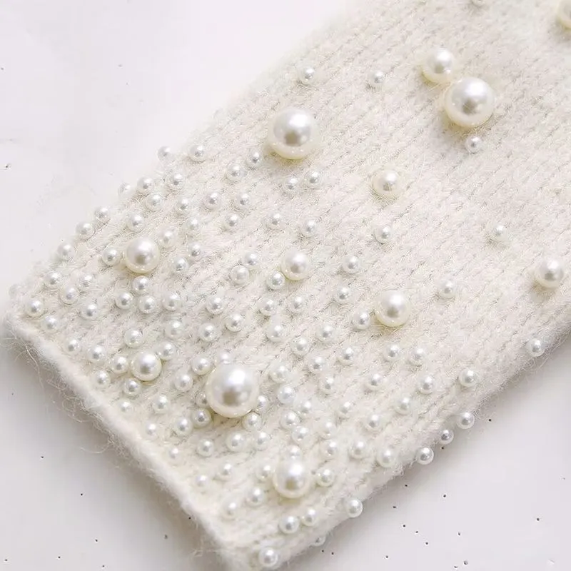 Bling Bling Luxury Pearl Beaded Embellished Knitted Jumper Sweaters With Skirt Set