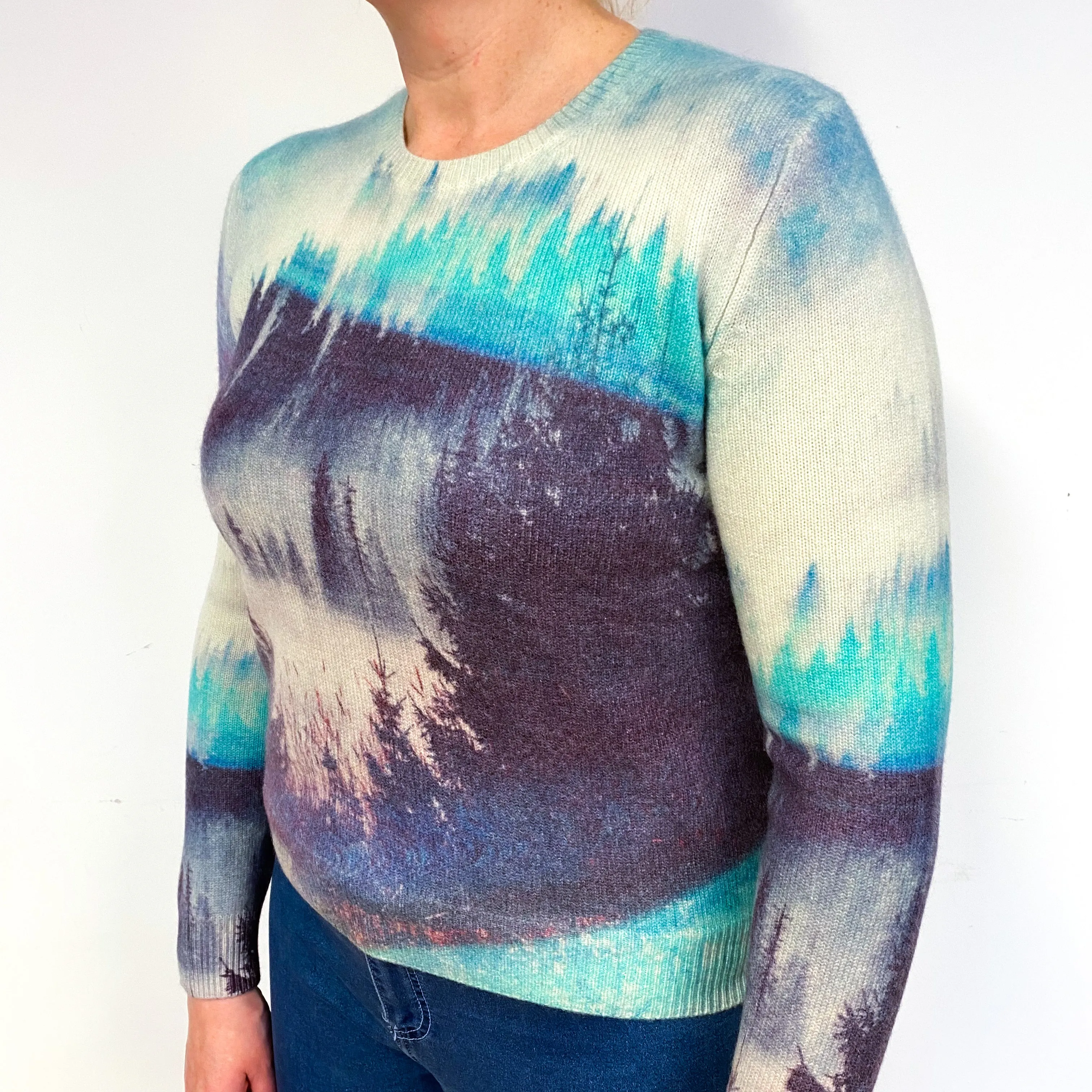 Blue Aqua Tree Design Cashmere Crew Neck Jumper Large
