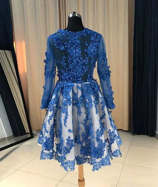Blue lace short prom dress, blue lace bridesmaid dress