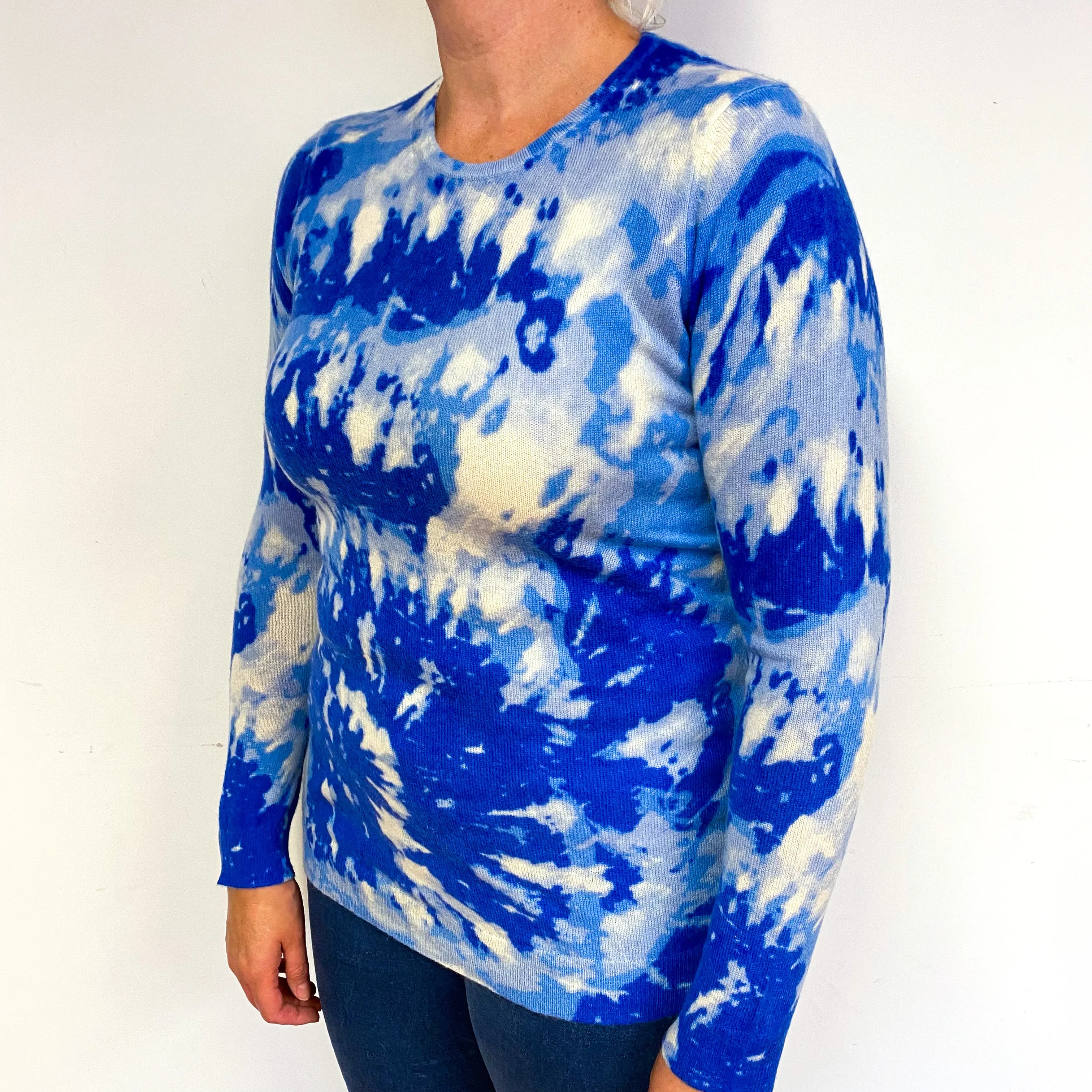 Blue Tie Dye Pattern Cashmere Crew Neck Jumper Large
