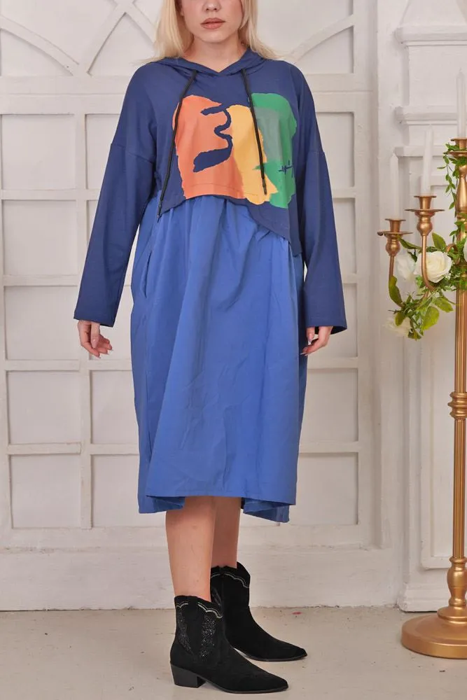 Brush Stroke Layered Hooded Cotton Dress