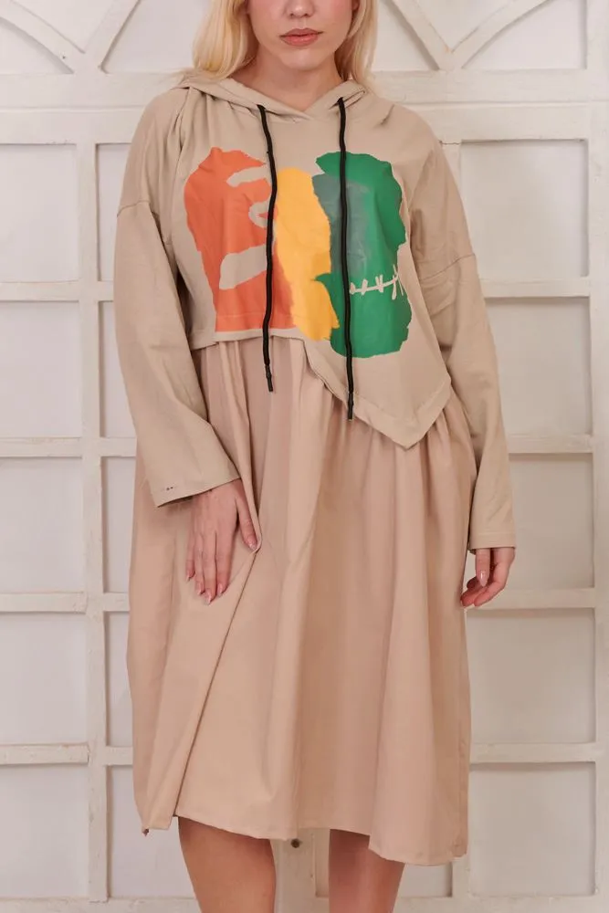 Brush Stroke Layered Hooded Cotton Dress
