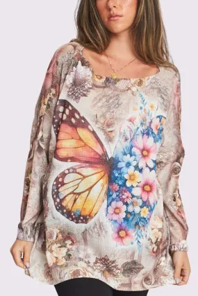 Butterfly Multi Flower Print Knit Style Oversized Top