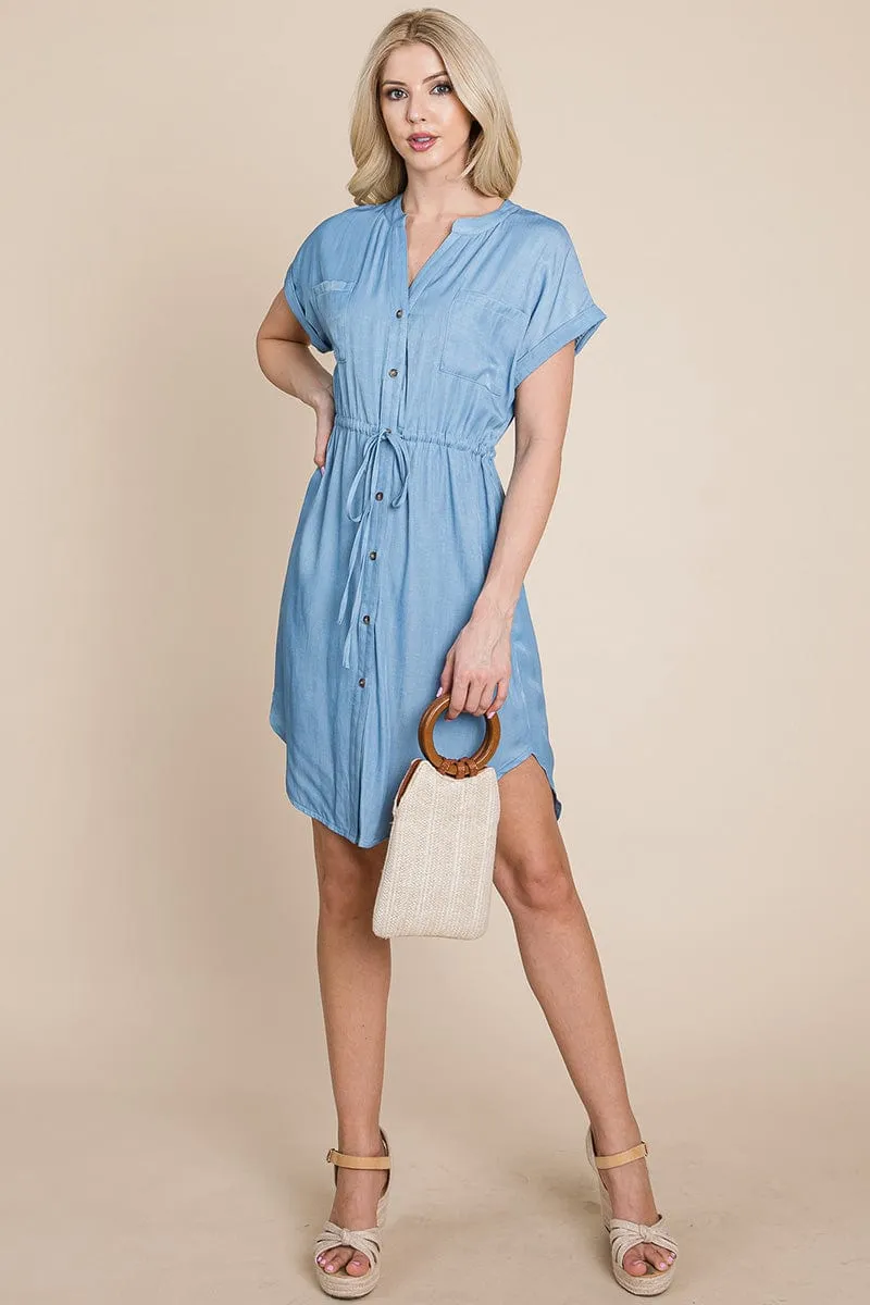 Button Down Chambray Drawstring Waist Shirt Dress