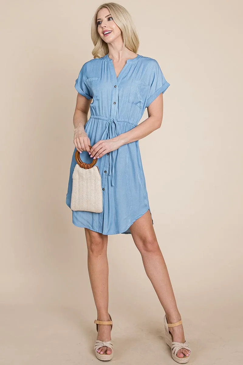 Button Down Chambray Drawstring Waist Shirt Dress