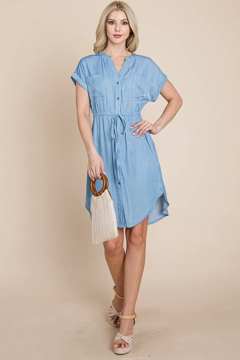 Button Down Chambray Drawstring Waist Shirt Dress