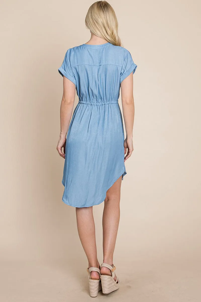 Button Down Chambray Drawstring Waist Shirt Dress
