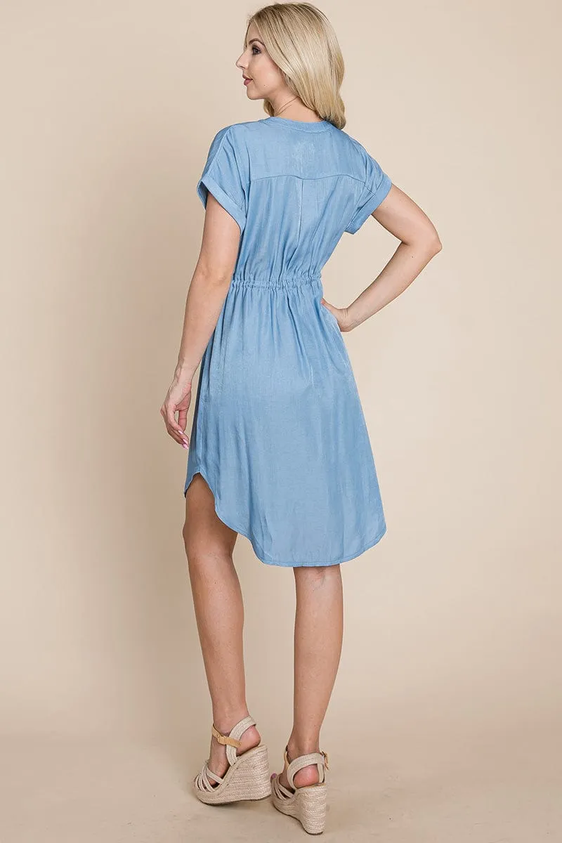 Button Down Chambray Drawstring Waist Shirt Dress