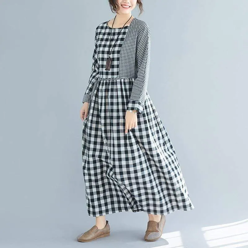 Casual Black and White Check Plaid Midi Dress