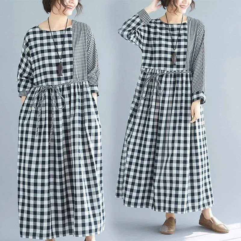 Casual Black and White Check Plaid Midi Dress