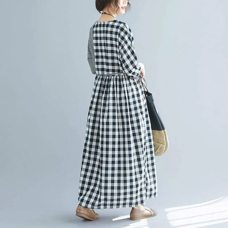 Casual Black and White Check Plaid Midi Dress
