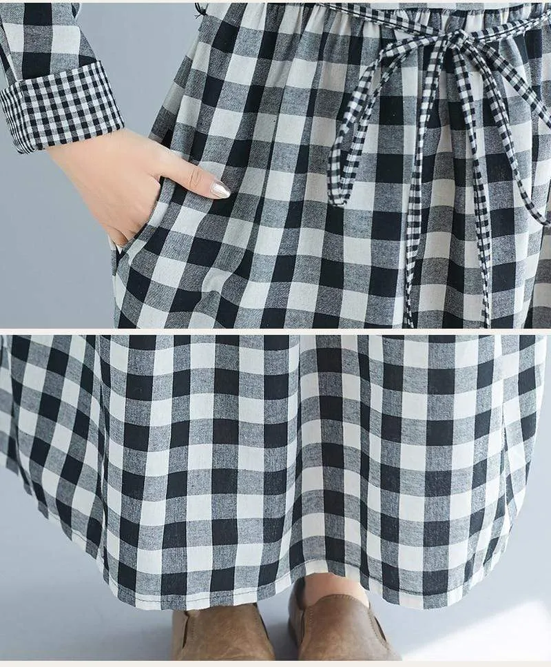 Casual Black and White Check Plaid Midi Dress