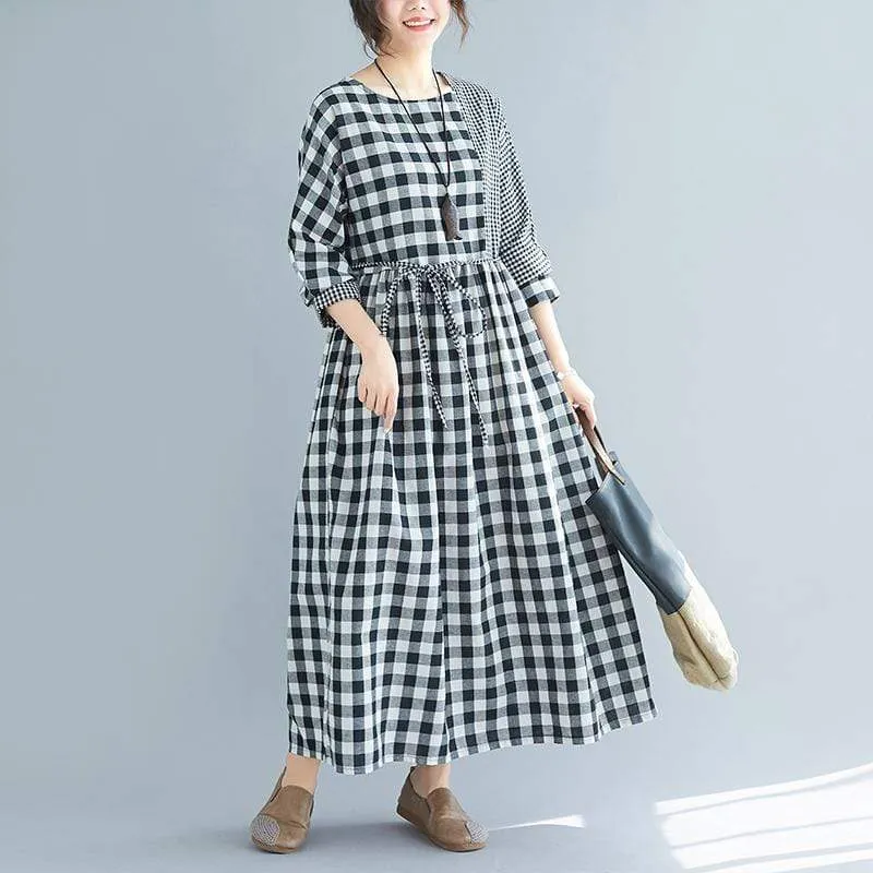 Casual Black and White Check Plaid Midi Dress