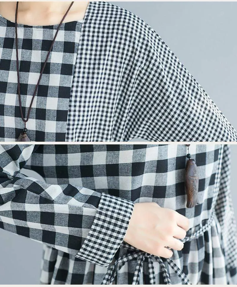 Casual Black and White Check Plaid Midi Dress