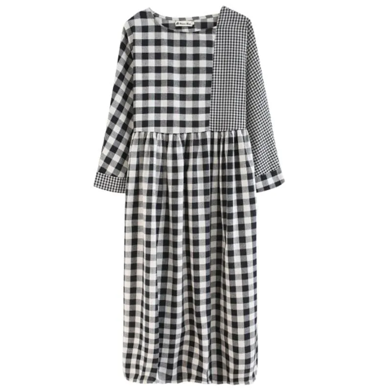 Casual Black and White Check Plaid Midi Dress