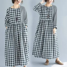 Casual Black and White Check Plaid Midi Dress