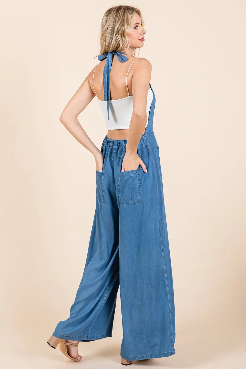 Chambray Open Back Halter Neck Wide Leg Jumpsuit