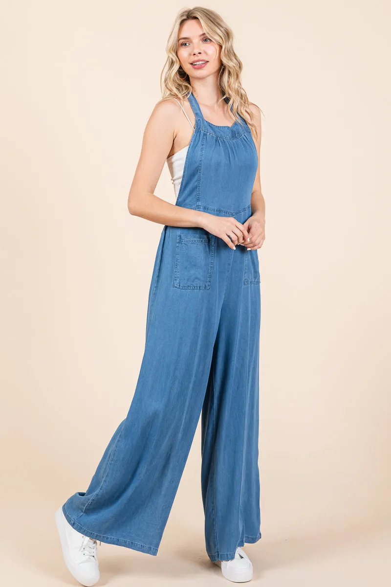 Chambray Open Back Halter Neck Wide Leg Jumpsuit