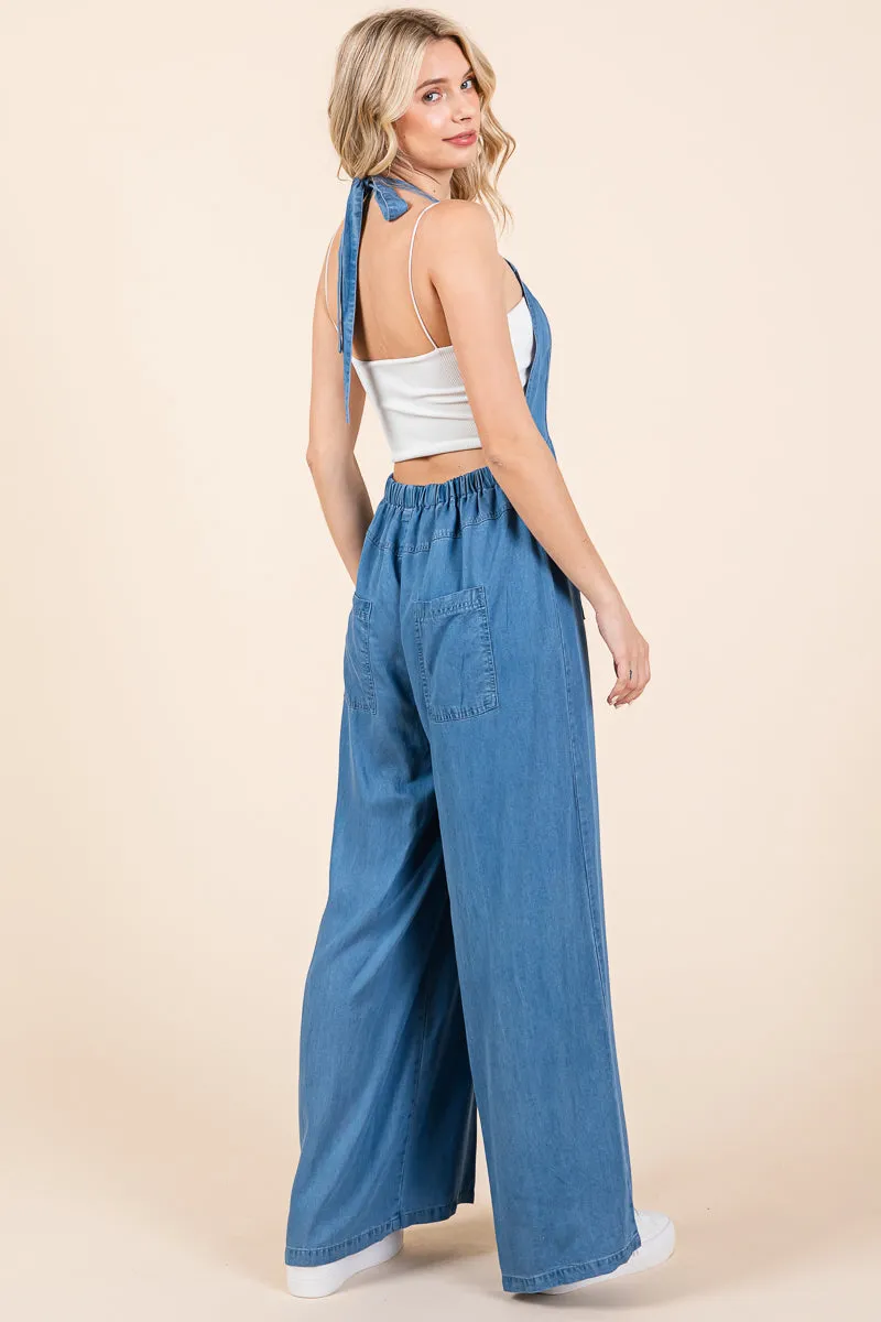 Chambray Open Back Halter Neck Wide Leg Jumpsuit