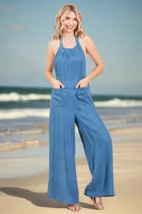 Chambray Open Back Halter Neck Wide Leg Jumpsuit