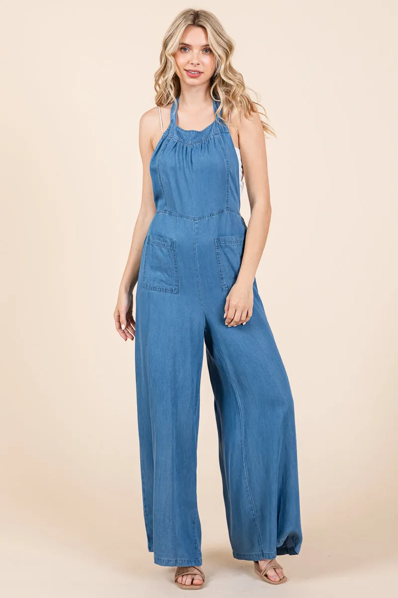 Chambray Open Back Halter Neck Wide Leg Jumpsuit