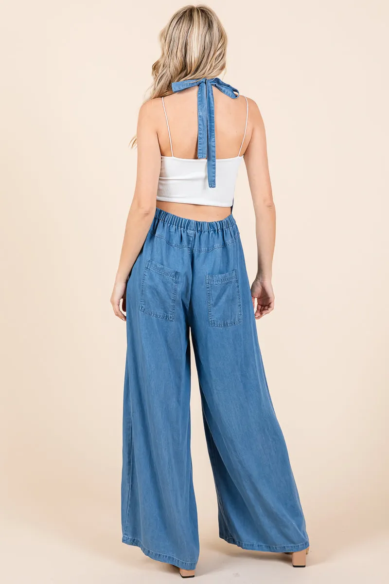 Chambray Open Back Halter Neck Wide Leg Jumpsuit