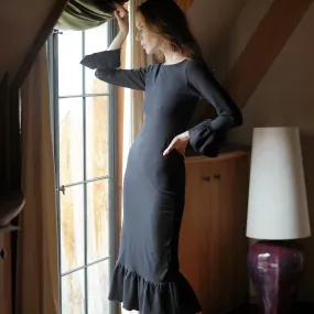 Chic Bamboo Ruffle Midi Dress in Classic Black by MARJORIE