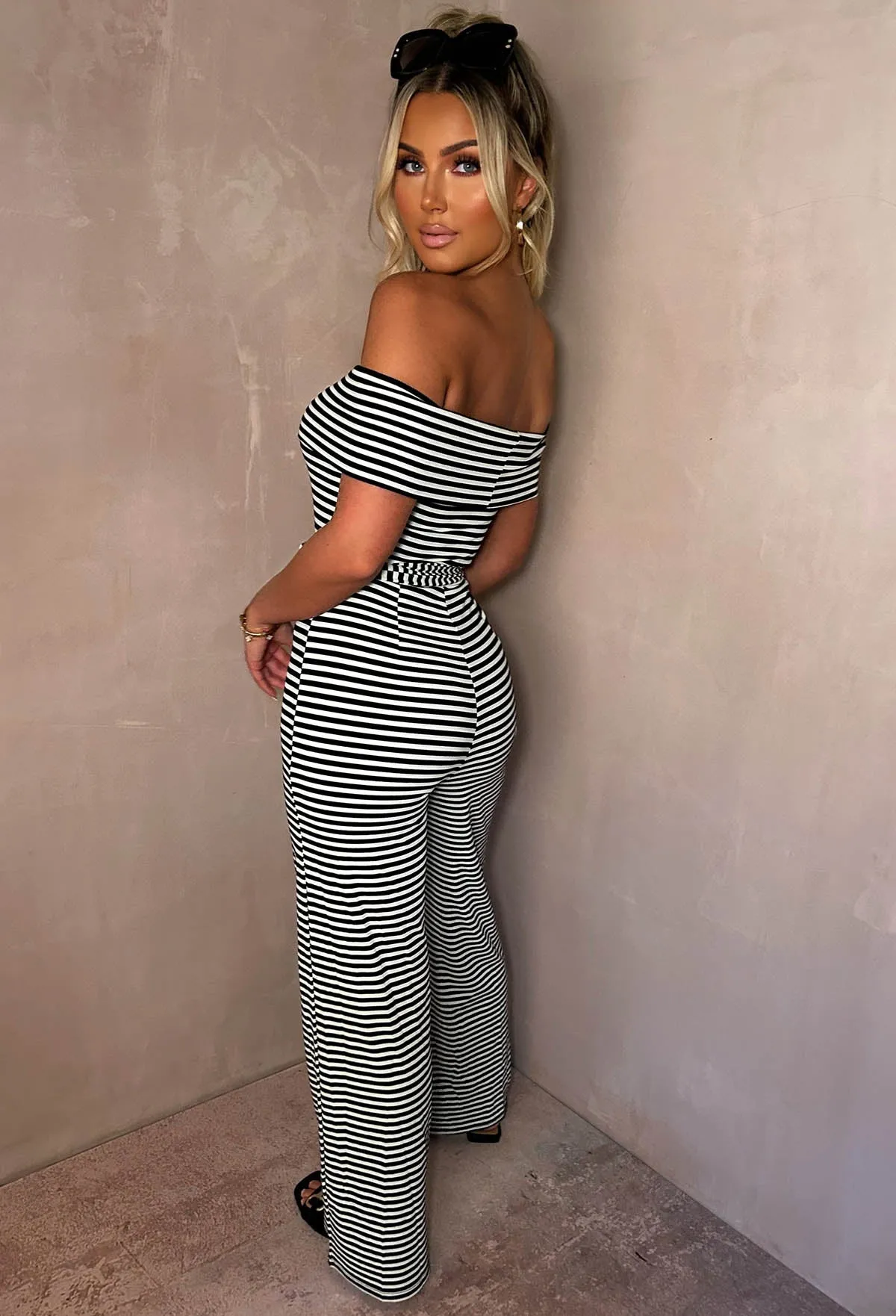 Chic Embrace Monochrome Stripe Bardot Jumpsuit