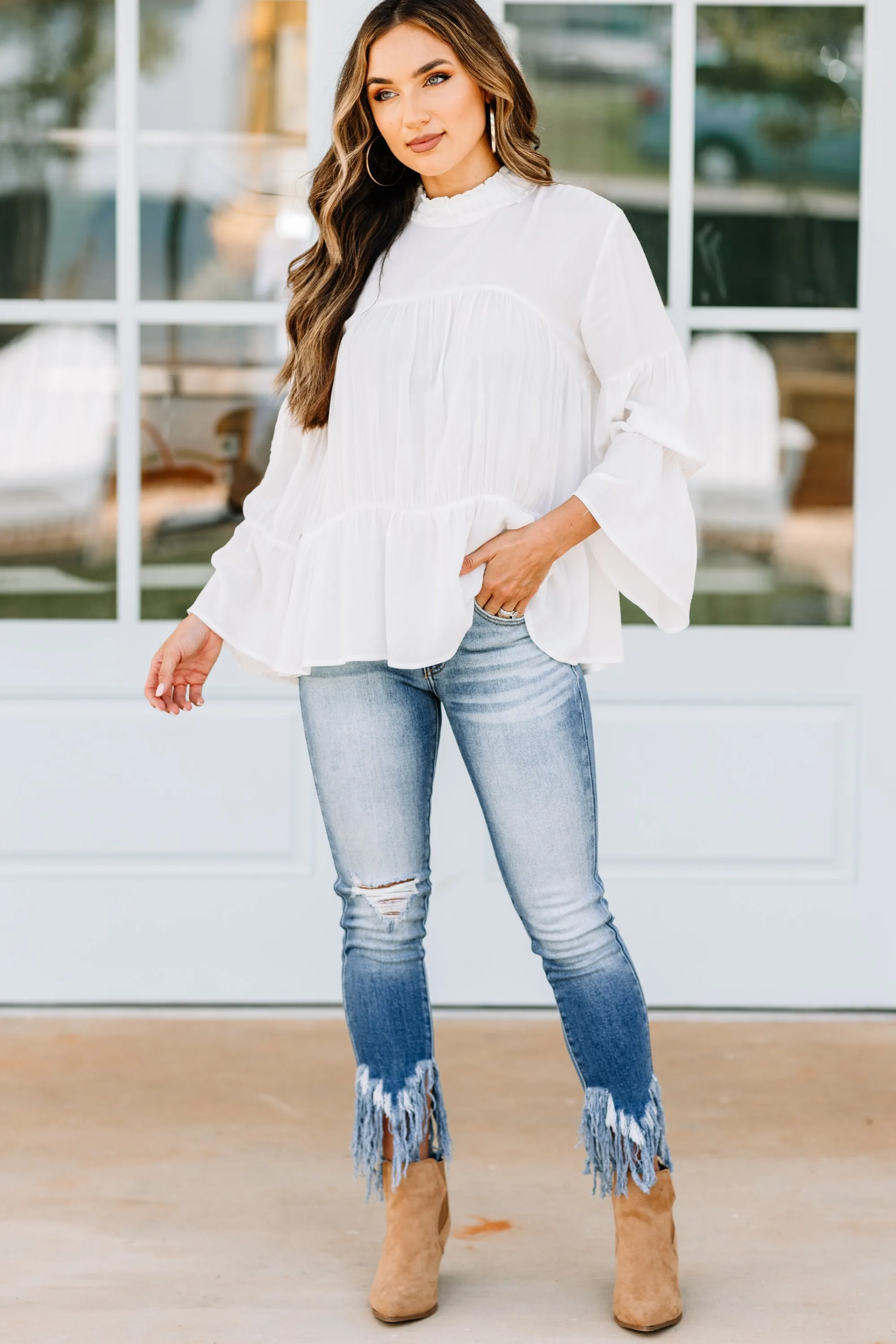 Come Into Focus Off White Bell Sleeve Blouse