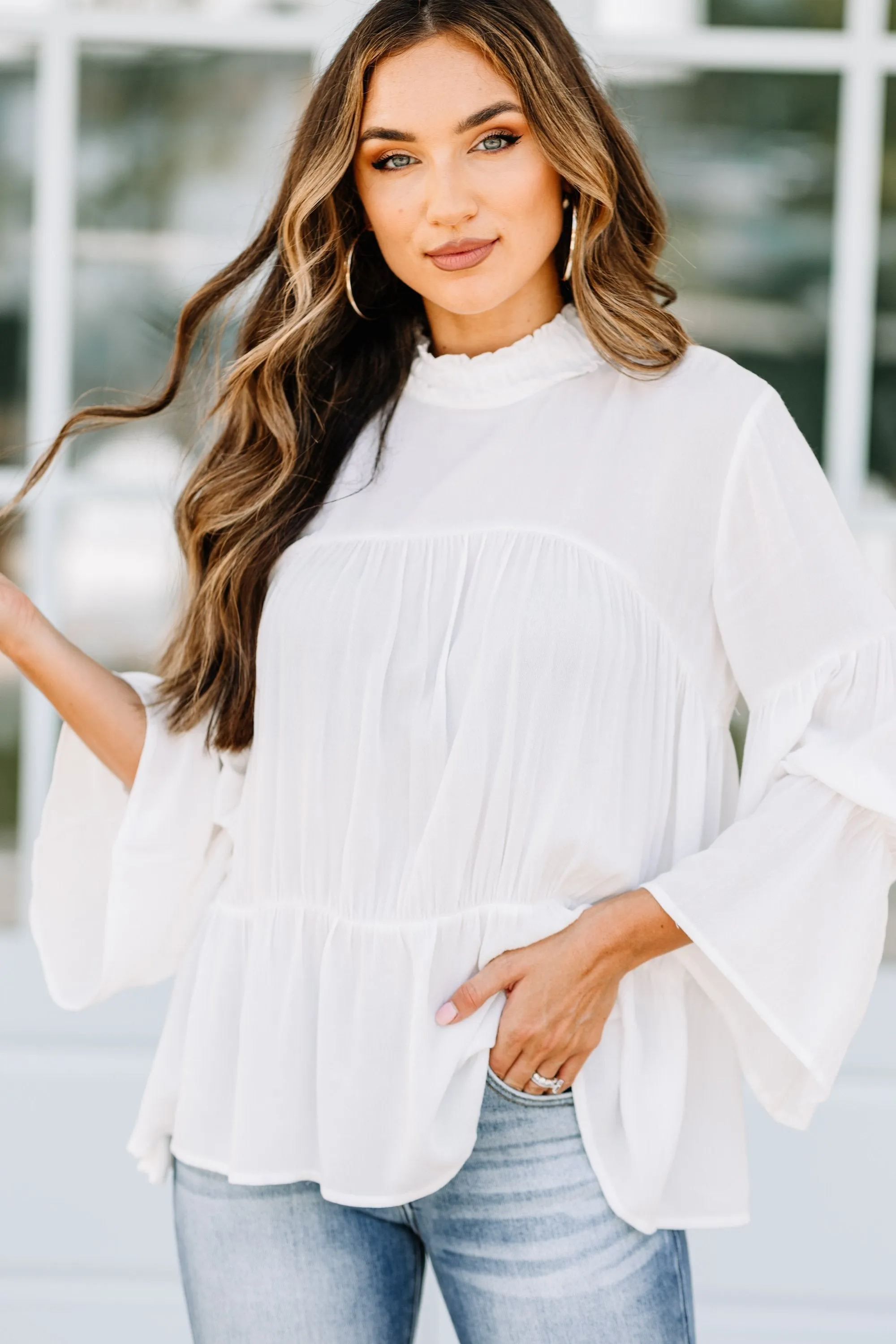 Come Into Focus Off White Bell Sleeve Blouse