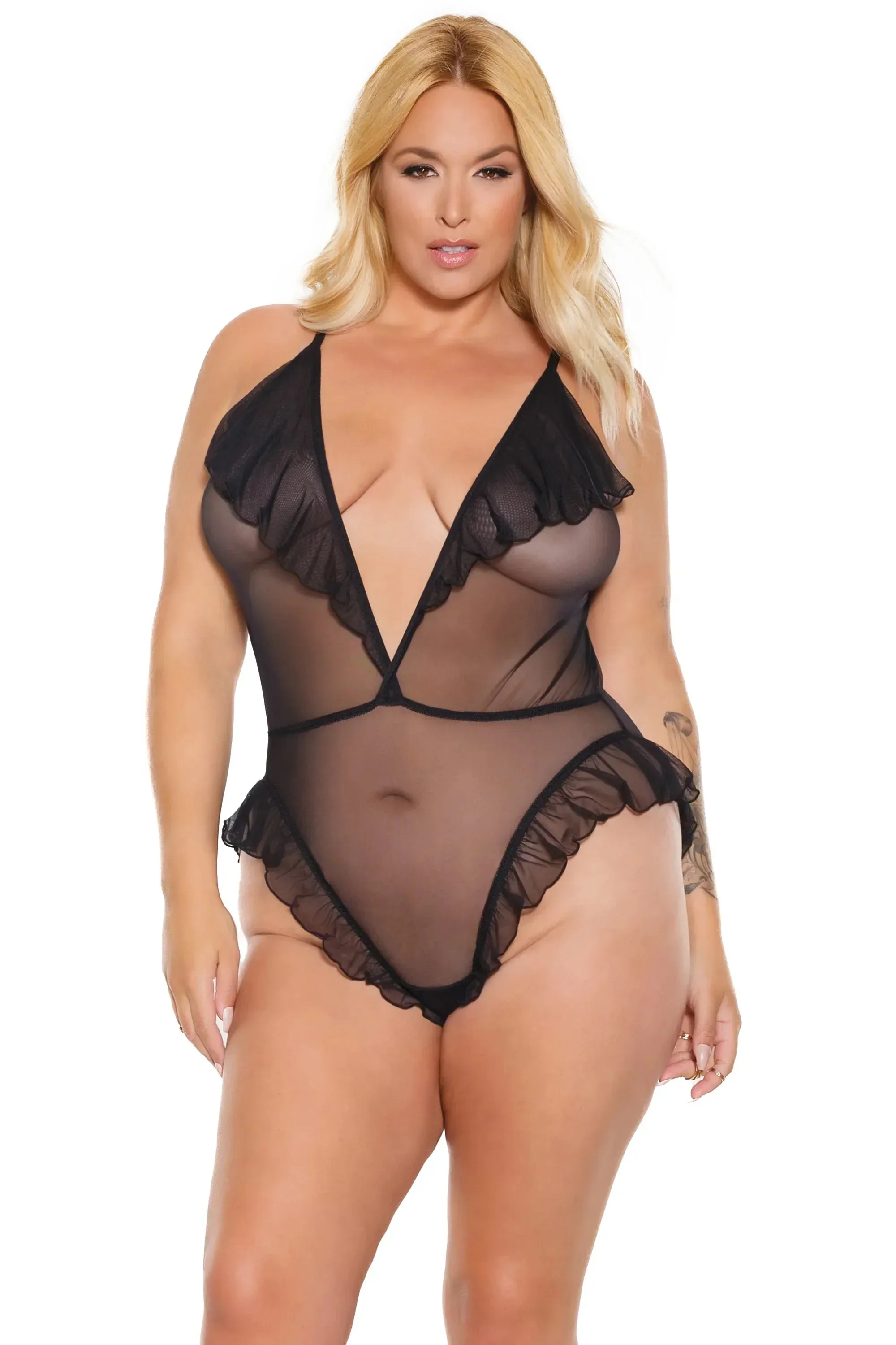 Coquette 23107 Teddy With Plunging Neckline And Ruffled Mesh