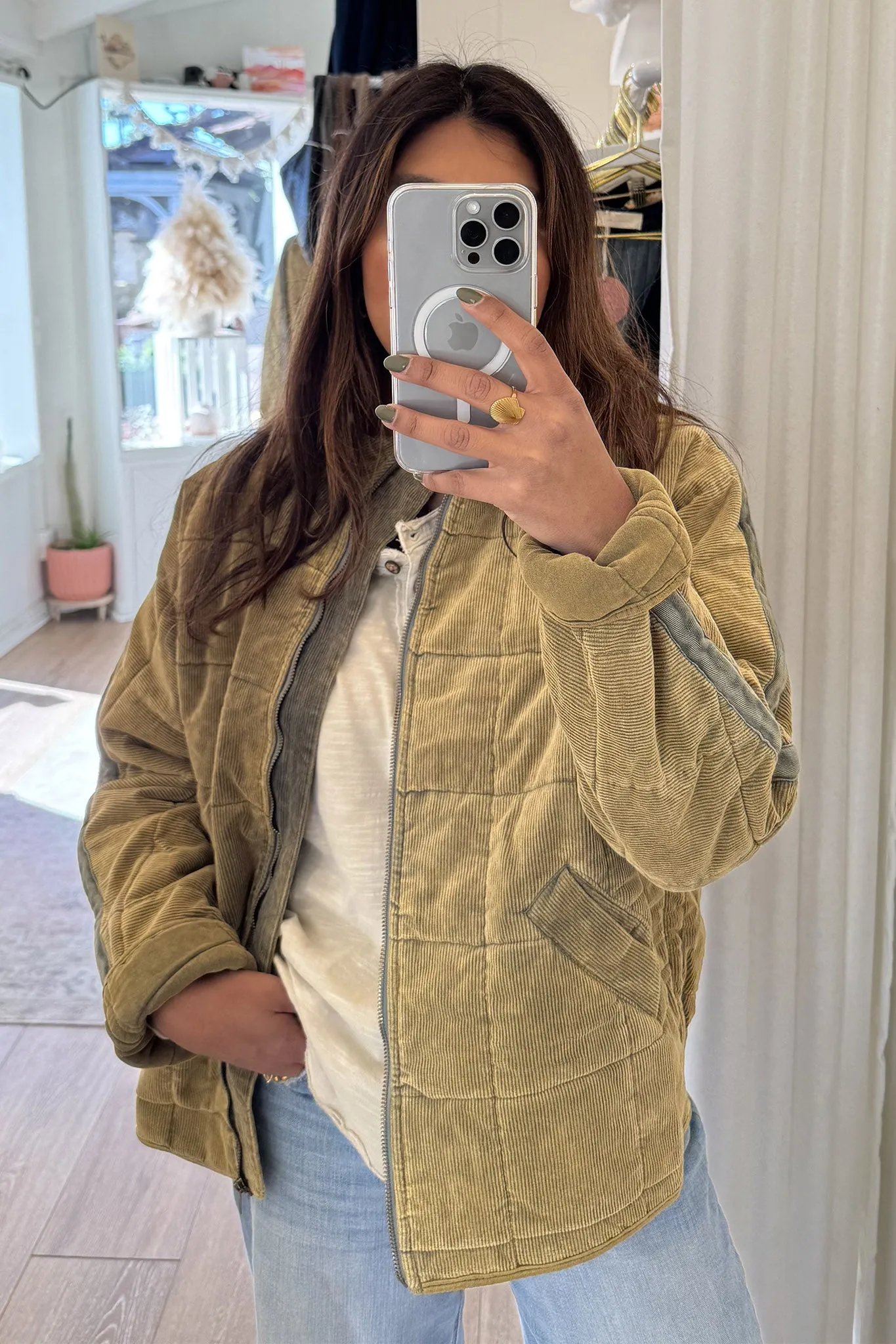 Corduroy Quilted Puffer Jacket in Olive