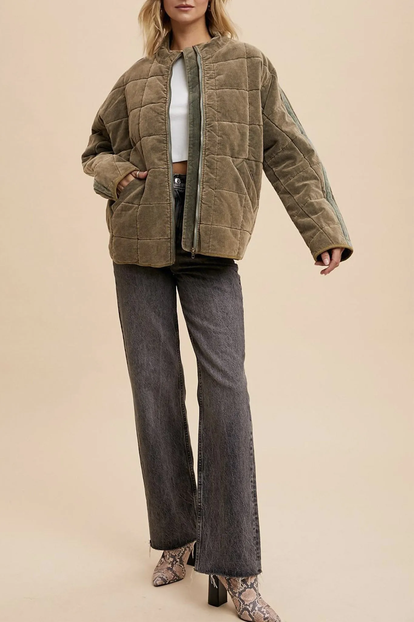 Corduroy Quilted Puffer Jacket in Olive