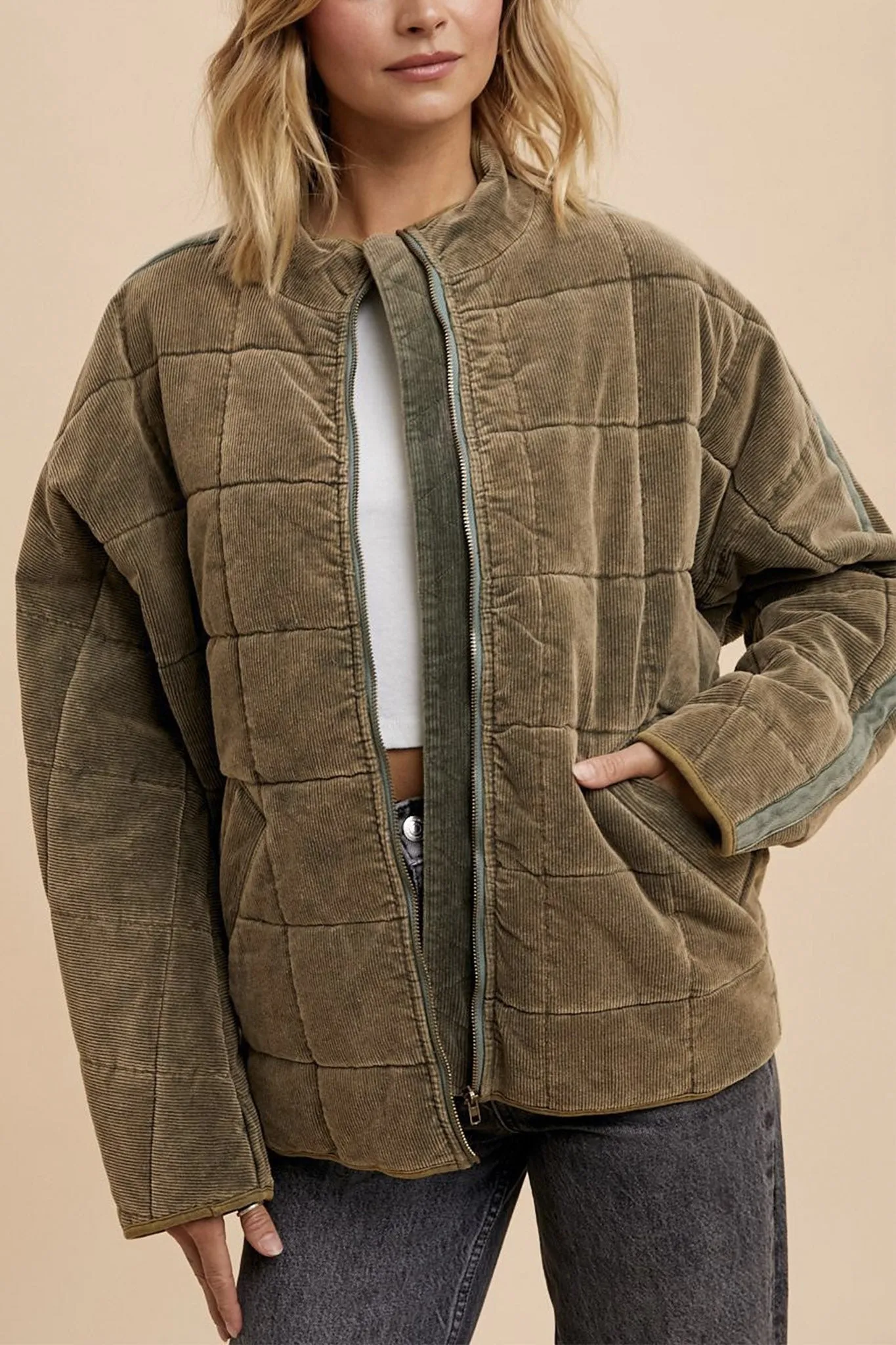 Corduroy Quilted Puffer Jacket in Olive
