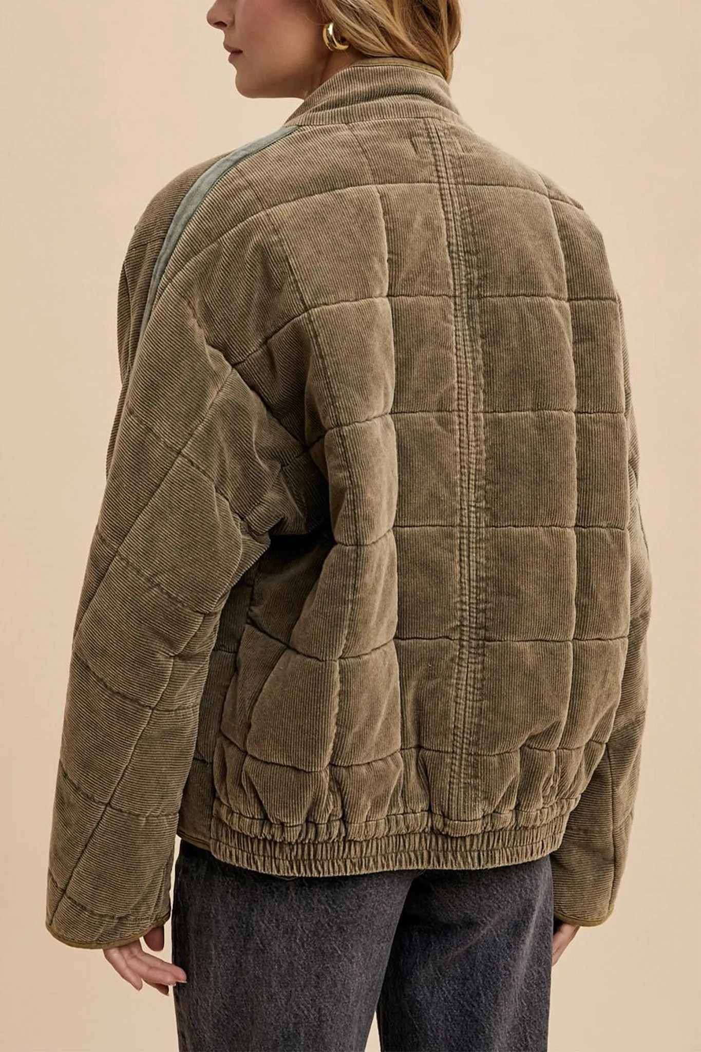 Corduroy Quilted Puffer Jacket in Olive